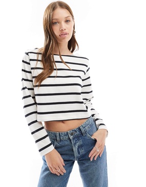 Cotton On boat neck long sleeve crop top in monochrome stripe