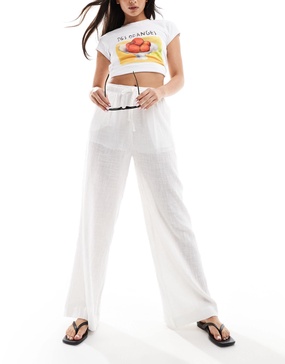 Bershka linen look rustic beach pants in white