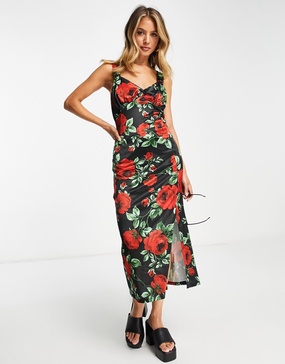 River Island floral satin cami midi slip dress in black