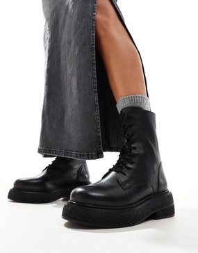 ASOS DESIGN Addison flat leather lace up boots in black