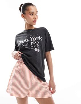 Brave Soul New York print T-shirt in charcoal gray