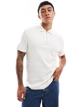 ASOS DESIGN waffle polo with zipper in cream