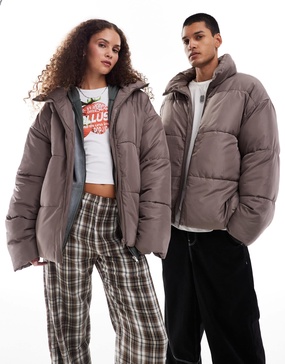 COLLUSION Unisex Puffer Jacket in taupe