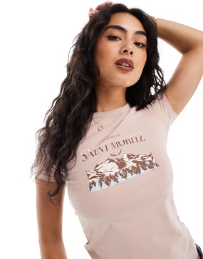 Cotton On fitted longline tee with Chamonix graphic in rose