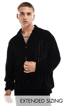 ASOS DESIGN boxy oversized crinkle velvet shirt in black