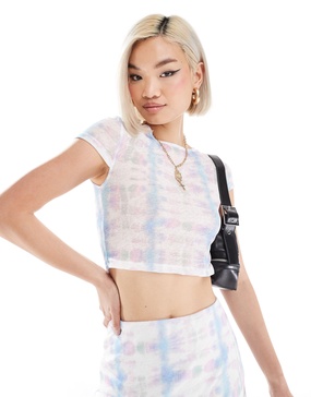 Noisy May cropped mesh t-shirt with abstract print in pastel - part of a set