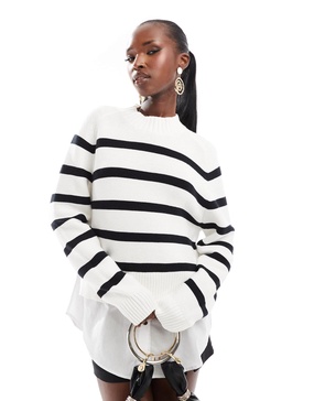 French Connection 2 in 1 funnel neck sweater with shirt underlay in white and black stripe