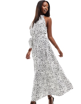 AX Paris halterneck tie waist maxi dress in white spot print