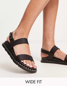 London Rebel Wide Fit flat sandals in black