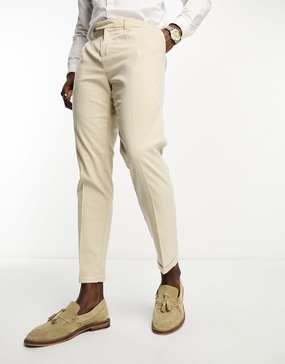 New Look slim fit pleated pants in oatmeal