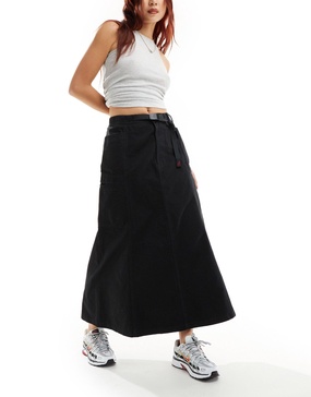 Gramicci cotton a line paneled cargo maxi skirt in black