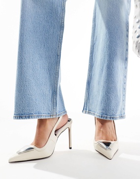 ASOS DESIGN Pardon trim detail slingback high heeled shoes in off-white