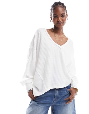 Free People ribbed v-neck slouchy oversized sweatshirt in ivory