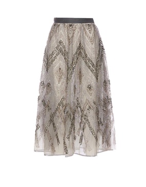 Elisabetta Franchi Chevron Pattern Sequin Embroidered Midi Tulle Skirt