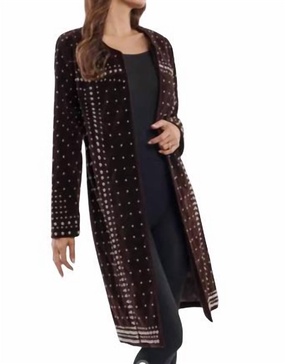 studded velvet longline coat in brown/plum