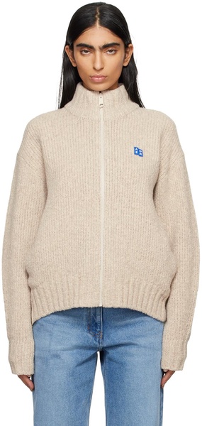 Beige TRS Tag Knit Zip-Up 01 Sweater