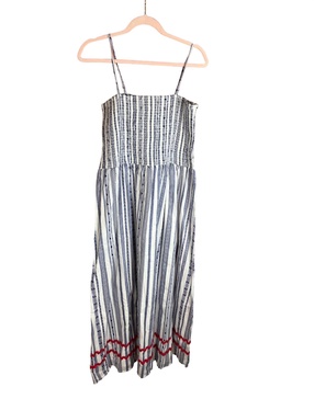 sleeveless midi dress in navy/white stripe