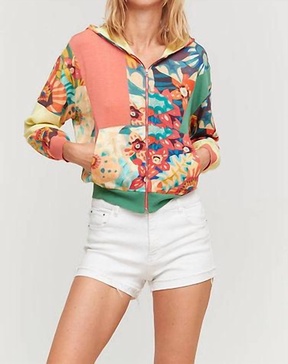 zip up hoodie in coral/multi