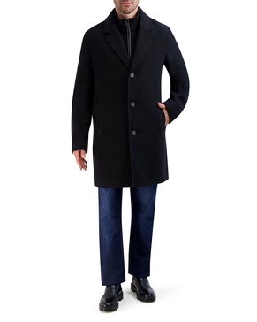 Cole Haan Men's Car Coat with Rib Knit Bib and Faux Leather Detail