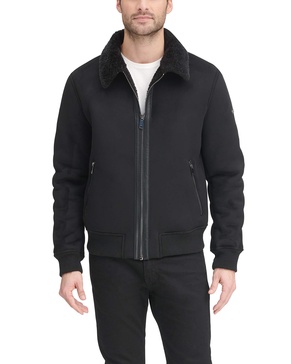 DKNY Men's Shearling Bomber Jacket with Faux Fur Collar