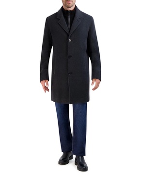 Cole Haan Men's Car Coat with Rib Knit Bib and Faux Leather Detail