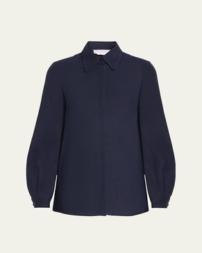 Delmer Stitched-Collar Long-Sleeve Linen Top