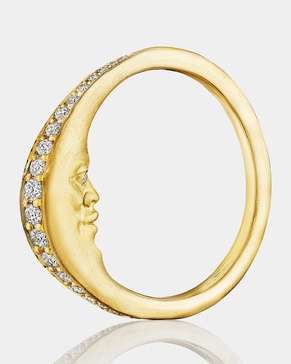 Diamond Crest Crescent Moonface Ring in 18K Gold