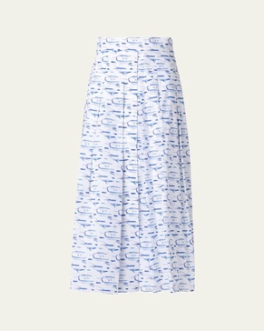 Kasuri Bird Print Pleated Voile Midi Skirt