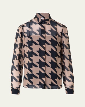 Houndstooth Print Button-Front Blouse