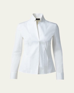 Long-Sleeve Notched-Collar Poplin Blouse