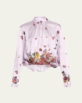 Butterfly Print Twist-Front Silk Blouse