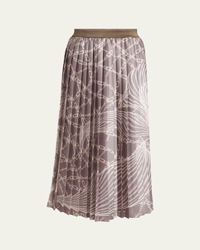 Feather Chain Print Pleated Midi Skirt