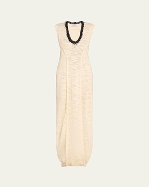 Long Leather-Trim Crochet Wool Cocoon Dress