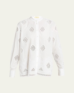 Lace-Embroidered Long-Sleeve Open-Back Shirt