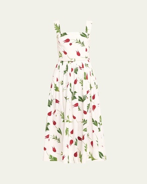 Marbled Tulips Cotton Poplin Square-Neck Sleeveless Midi Dress With Self-Belt