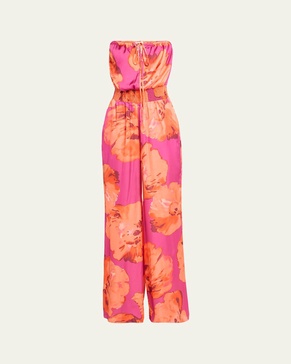 Mindy Watercolor Bloom Strapless Wide-Leg Jumpsuit