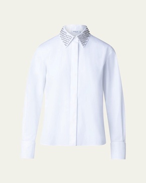 Cotton Poplin Button-Front Blouse with Detachable Crystal and Studs Collar