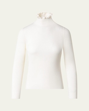 Ruffle-Neck Fitted Ribbed Wool Sweater