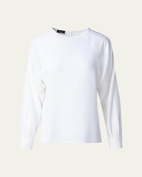 Crewneck Long-Sleeve Silk Crepe Blouse