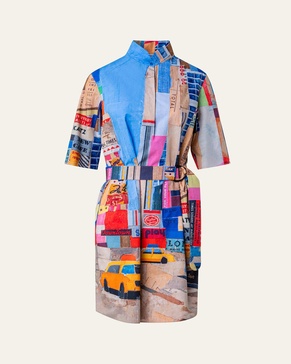 Placed NYC Paper Collage Printed Shirtdress with Belt