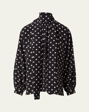 Crepe De Chine Dot Print Blouse with Tie Neck