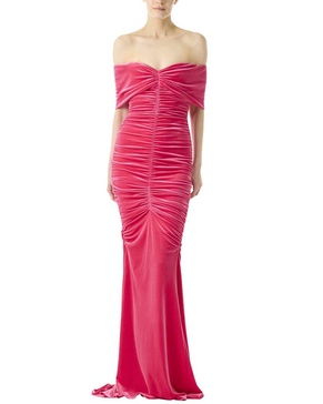 Monique Lhuillier Off the Shoulder Ruched Silk-Lined Gown