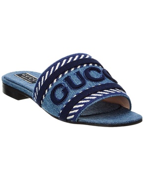 10mm denim slide sandals w/ Gucci script