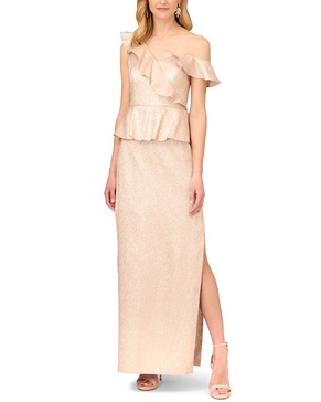 lame column gown with ruffles