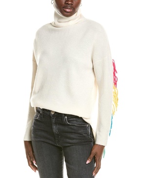 wool & cashmere-blend rainbow fringe funnel sweater