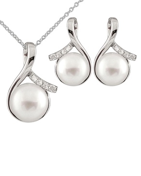 Splendid Pearls Silver 8-10mm Freshwater Pearl & CZ Earrings & Necklace Set Set