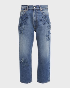 Cropped Wide-Leg Jeans with Flower Detail