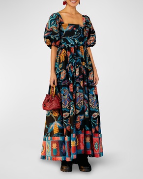 Sunset Tapestry Puff-Sleeve Maxi Dress