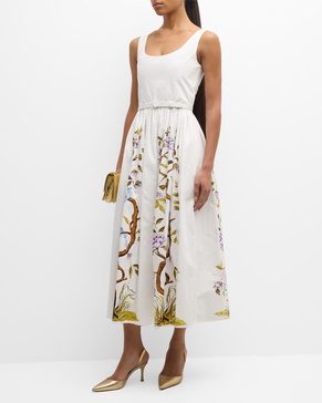 Scoop-Neck Flower Branch-Print Belted Poplin Midi Dress