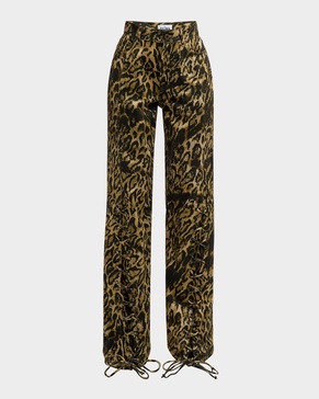 Leopard-Print Laced Wide-Leg Denim Pants